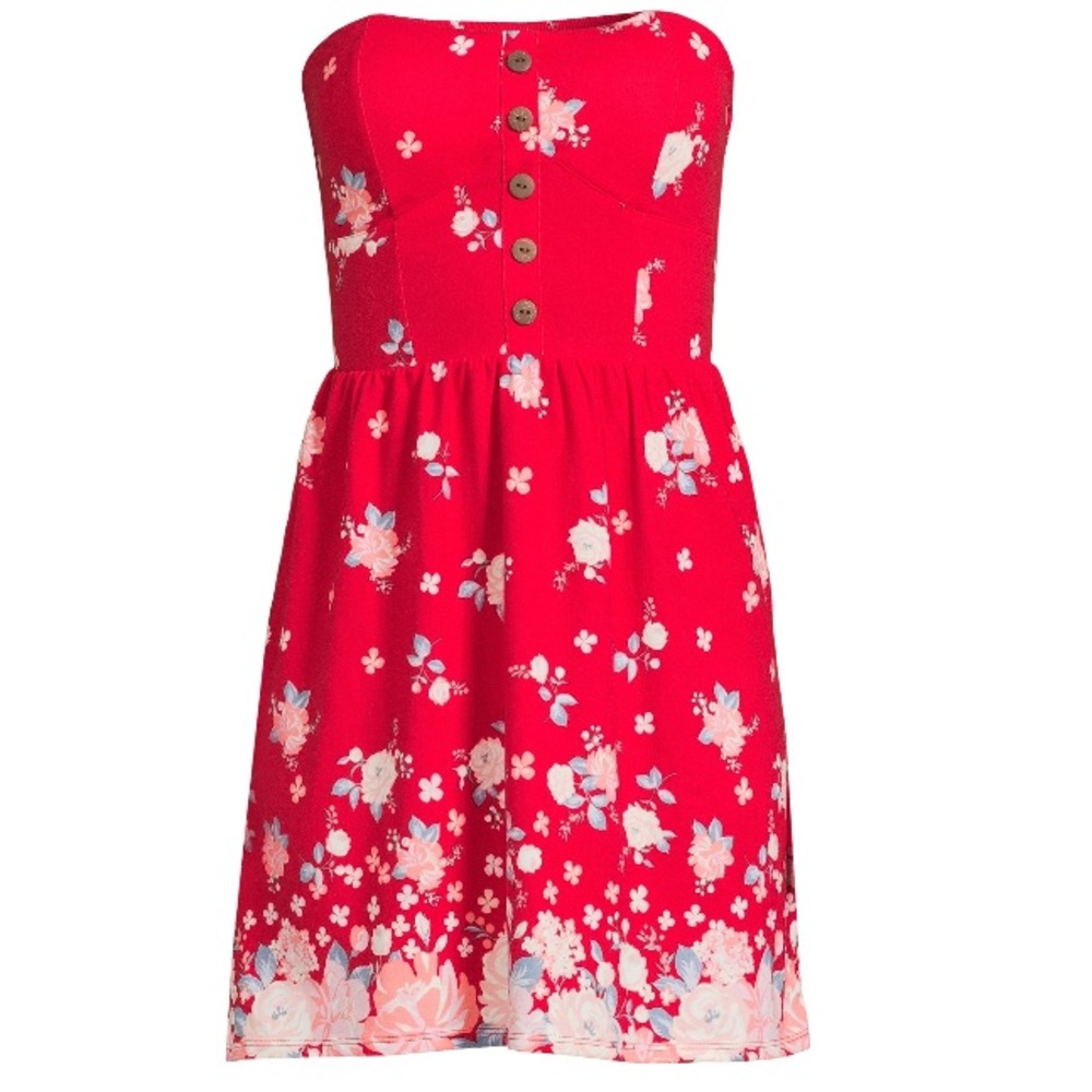 Strapless Red Floral Juniors Button-Front Foam Cup Dress Size XL/XG (15-17) - Picture 14 of 15